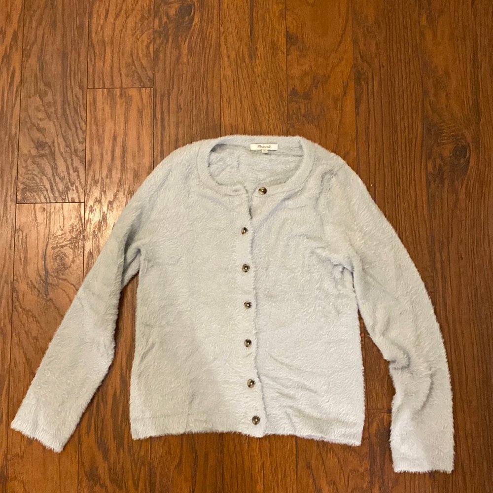 Light blue fuzzy Madewell cardigan sweater